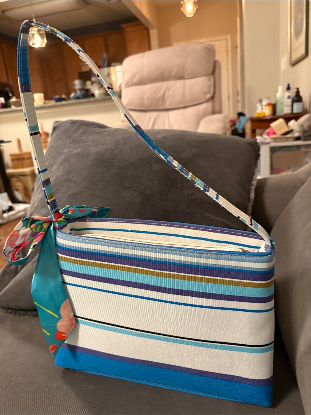 Blue and White Striped Shoulder Bag with Floral Scarf Accent